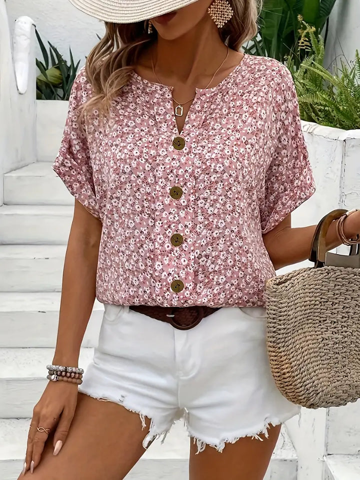 Cindy - Floral Print Notched Colour Blouse