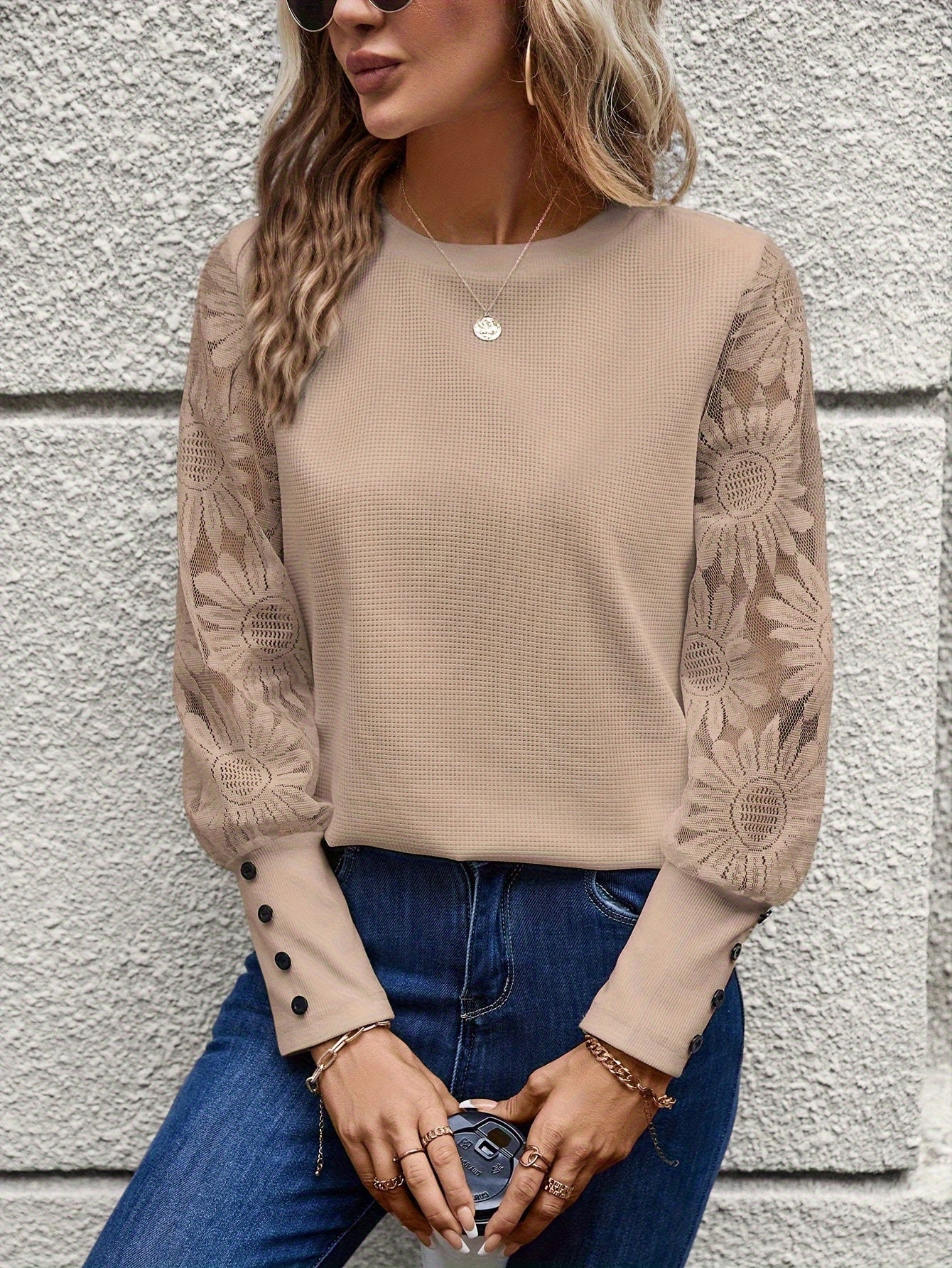 Lily - Sheer Lace Sleeve Crew Neck Top