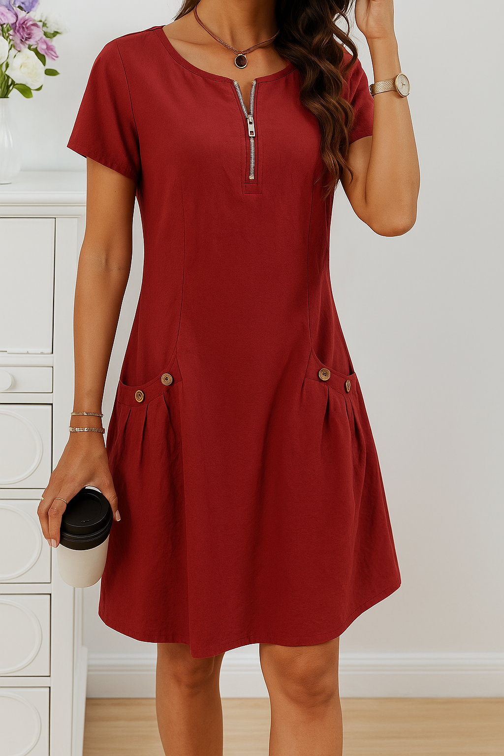 Angeline – Elegant Short-Sleeve Dress with Pockets