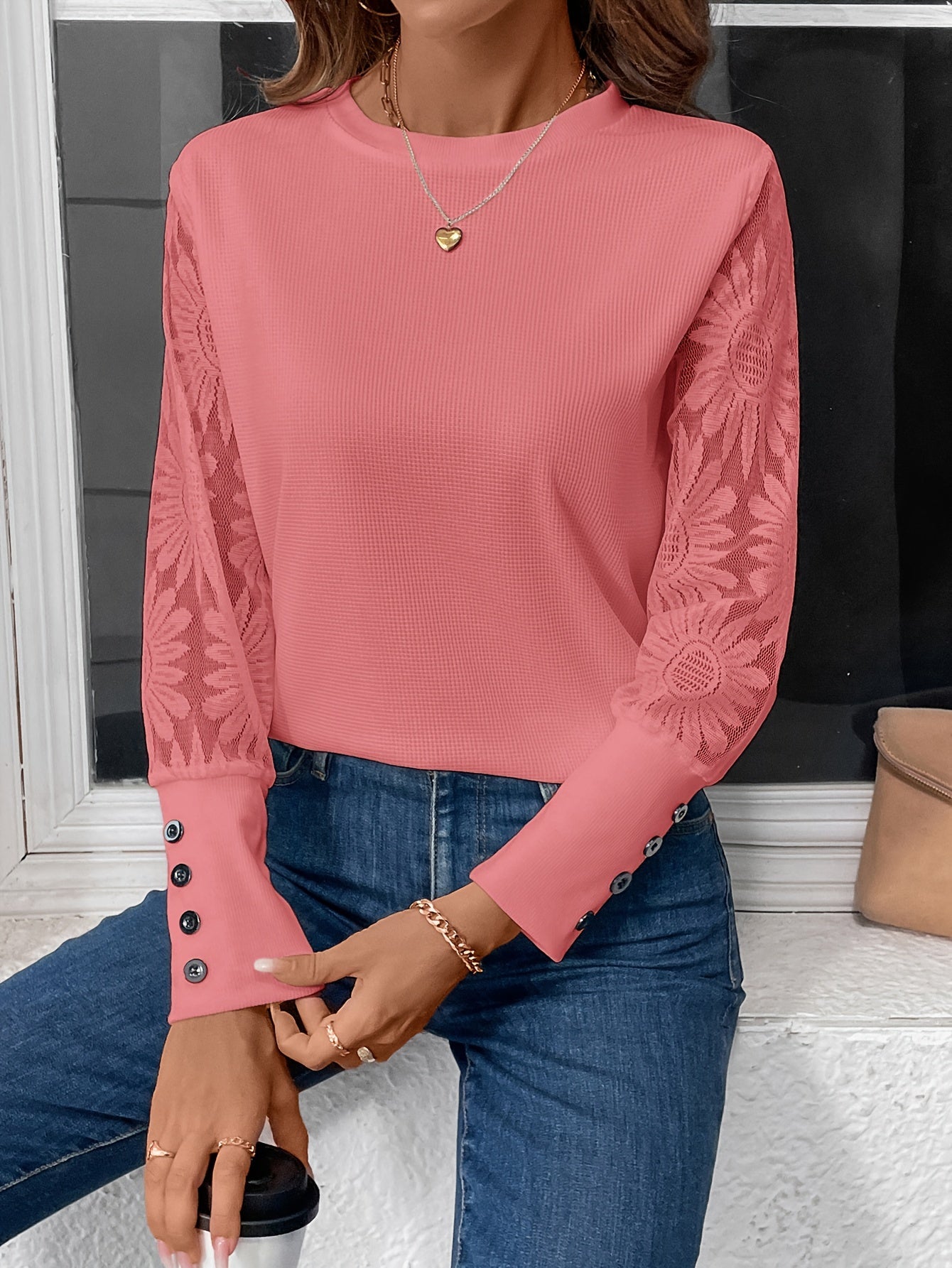 Lily - Sheer Lace Sleeve Crew Neck Top